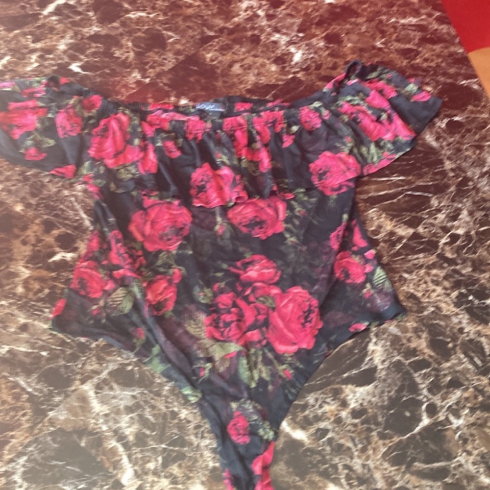 Black and red roses sheer body suit. Off the shoulder
